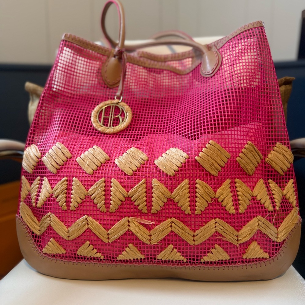 Henri Bendel Hot Pink Mesh and Woven Straw/Raffia and Leather Beach Tote Bag